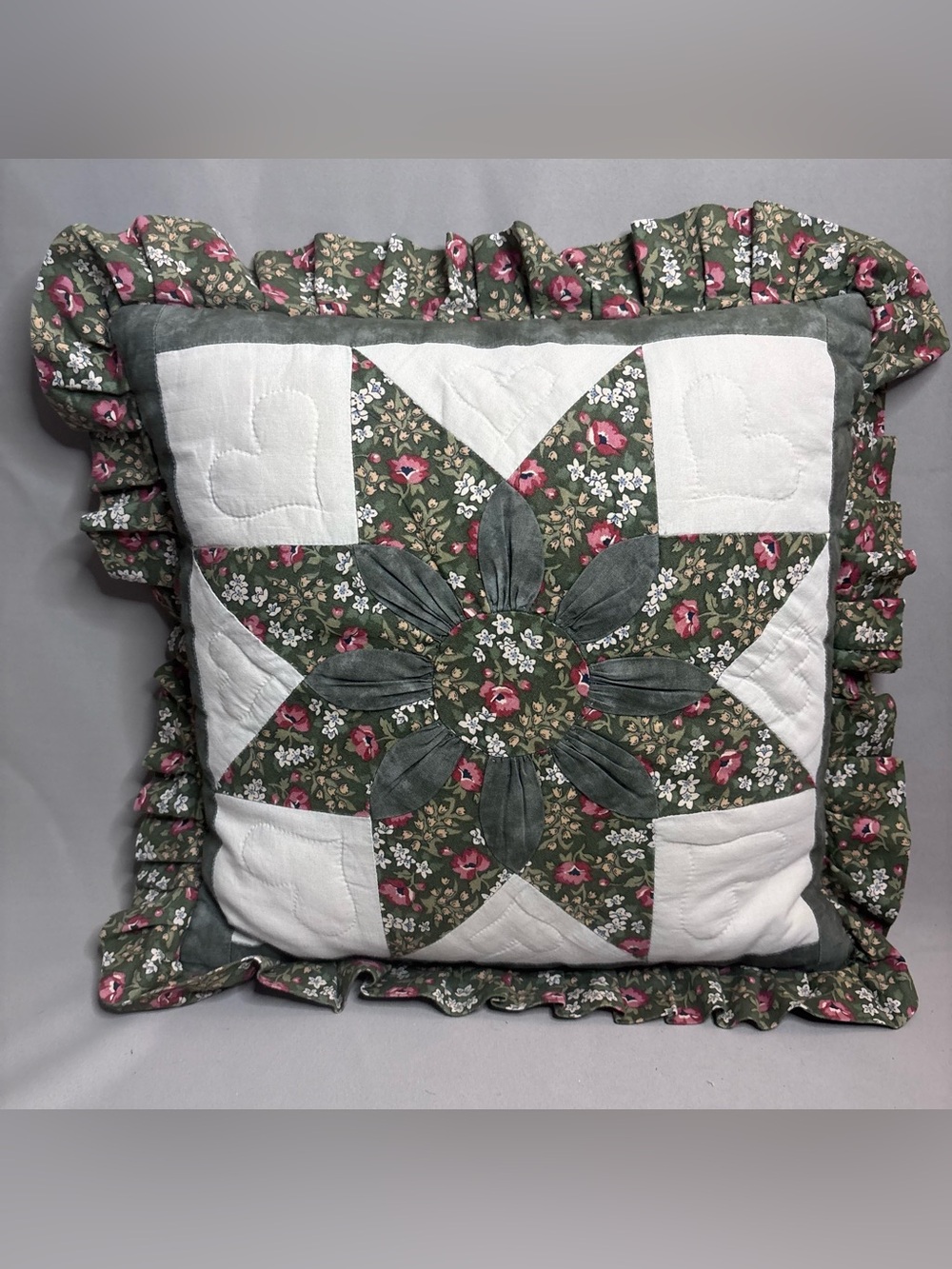Handmade Floral Star Patchwork Pillow - Green and Pink
